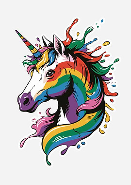 Rainbow Unicorn Head with Paint Splatters