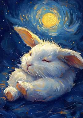 Sleeping Bunny Under Starry Night Sky