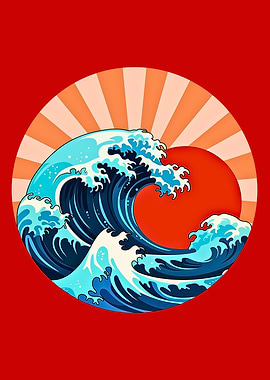 Japanese Wave Art with Rising Sun