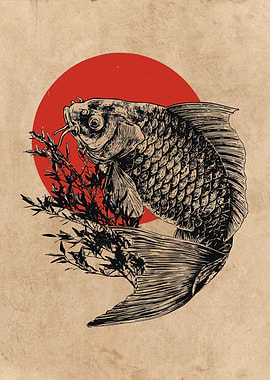 Koi Fish with Red Sun
