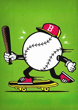 Baseball Character on Skateboard Illustration