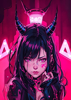 Anime Girl with Horns in Pink City