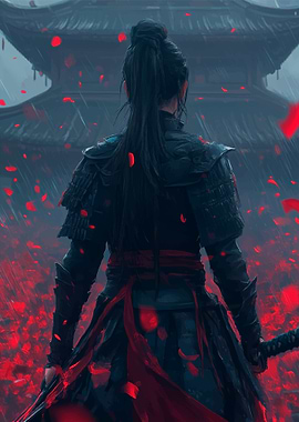 Warrior in rain of petals