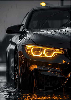 Black car in the rain
