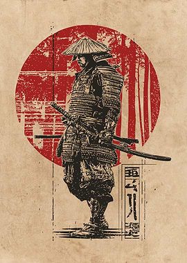 Samurai Warrior with Red Sun Background