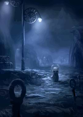 Hollow Knight in Blue Cityscape