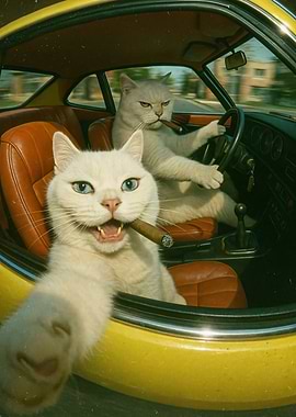 Cats driving a yellow car
