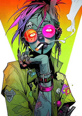 Cyberpunk Girl Smoking Cigarette Digital Art