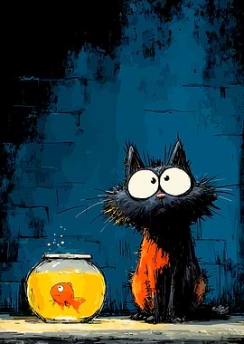 Cat Gazing at Goldfish