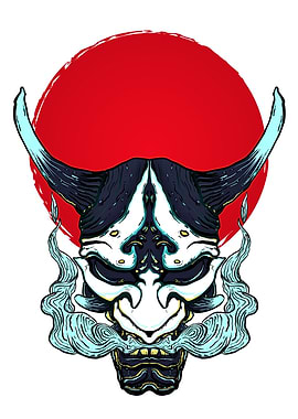 Japanese Oni Mask with Red Sun