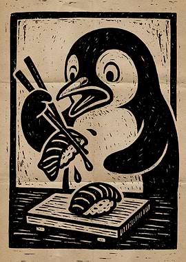 Penguin eating sushi woodcut illustration