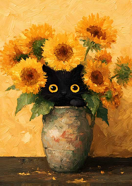 Black Cat with Sunflowers Painting