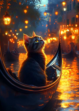 Cat in Gondola, Venice at Night