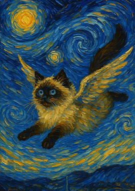 Winged Cat in Starry Night Style