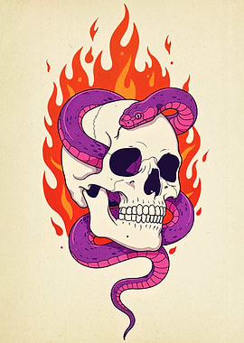 Skull with Snake and Flames Illustration