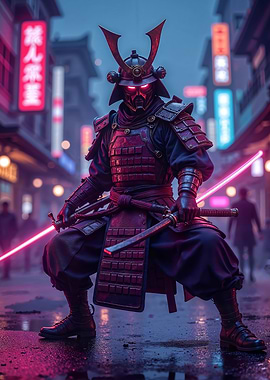 Cyberpunk Samurai Warrior in Neon City