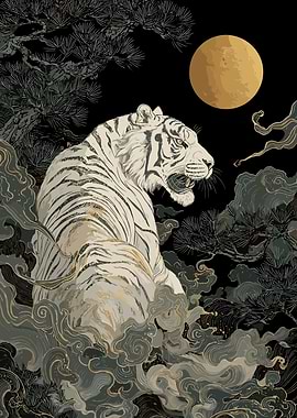 White Tiger with Moon and Clouds