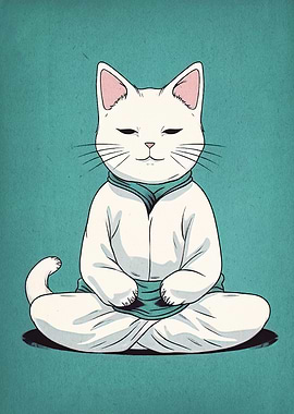 Meditating White Cat in Lotus Position