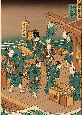 Japanese Woodblock Print: Figures on Boat