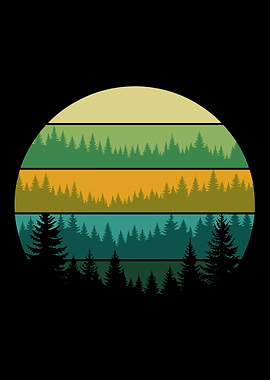 Retro Forest Landscape - green vintage retro sunset wildlife forest pine trees distressed silhouette cute design
