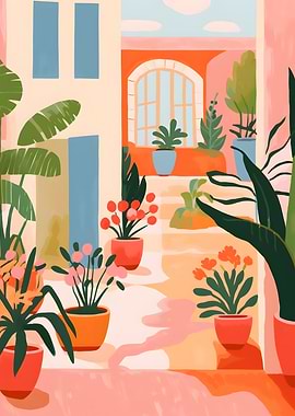 Courtyard with Potted Plants Illustration