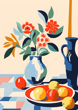 Colorful Still Life with Flowers and Fruit