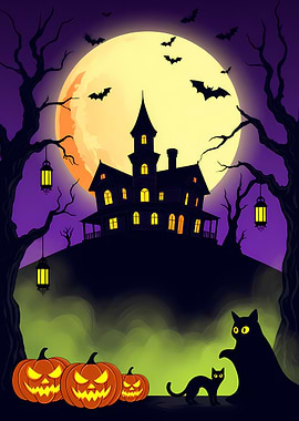 Halloween Night Spooky House Illustration