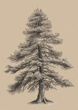 Vintage Cedar Tree Sketch – Rustic Black and White Botanical Illustration -Detailed Pine Tree Drawing on Tan