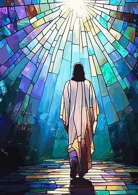 Stained Glass Jesus Walking to Light