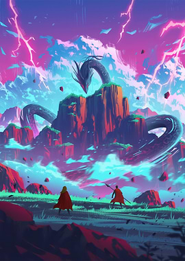 Fantasy Landscape with Dragon and Figures