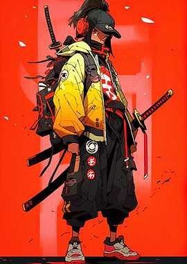 Cyberpunk Samurai with Swords and Headphones