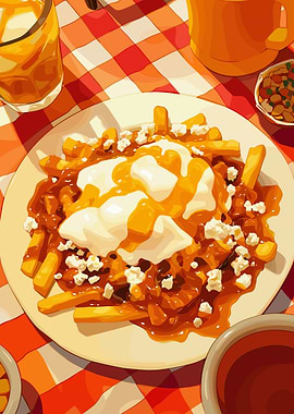 Poutine Illustration with Drink and Checkered Cloth