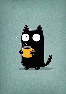 Cartoon Cat with Coffee Cup