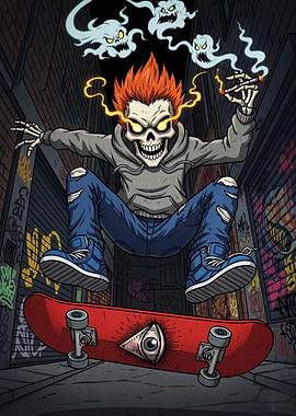 Skeleton Skateboarder with Ghosts