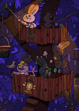 Cartoon Animals in a Treehouse