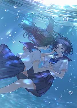 Underwater Embrace: Anime Girls in School Uniforms