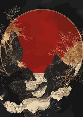 Red Sun Landscape with River