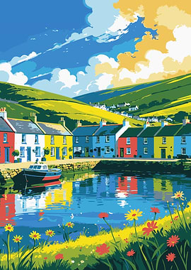 Colorful Coastal Village Scene Illustration