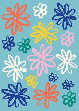 Colorful Floral Pattern on Blue Background