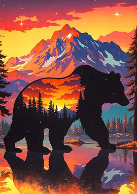 Bear Silhouette Landscape Reflection