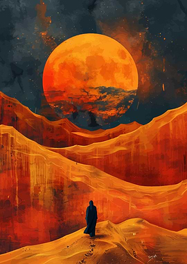 Desert Wanderer Under a Giant Moon