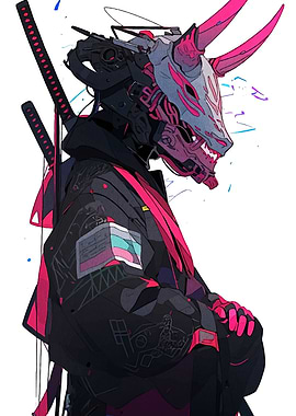 Cyberpunk Oni Mask Samurai Illustration