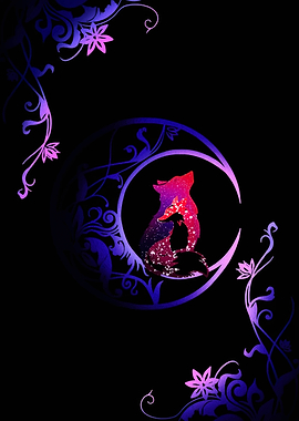 Fox and Wolf Silhouette in Crescent Moon