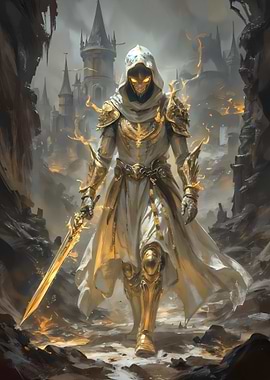 Golden Knight in Fantasy Landscape