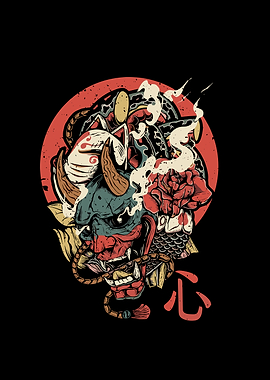 Japanese Oni Mask with Floral Design