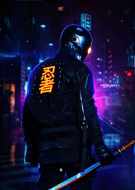 Cyberpunk Ninja in Neon Cityscape