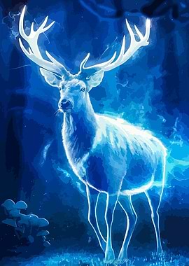Ethereal Blue Deer in Forest Illustration
