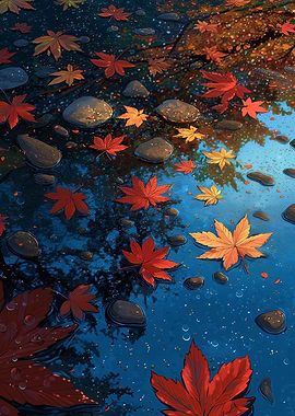 Autumn Leaves Floating on Water