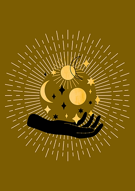 Hand holding celestial bodies illustration