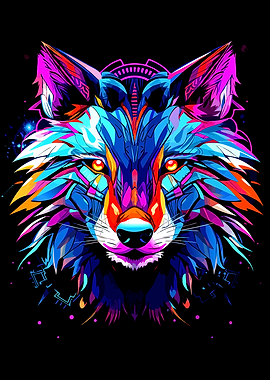 Colorful Wolf Portrait on Black Background